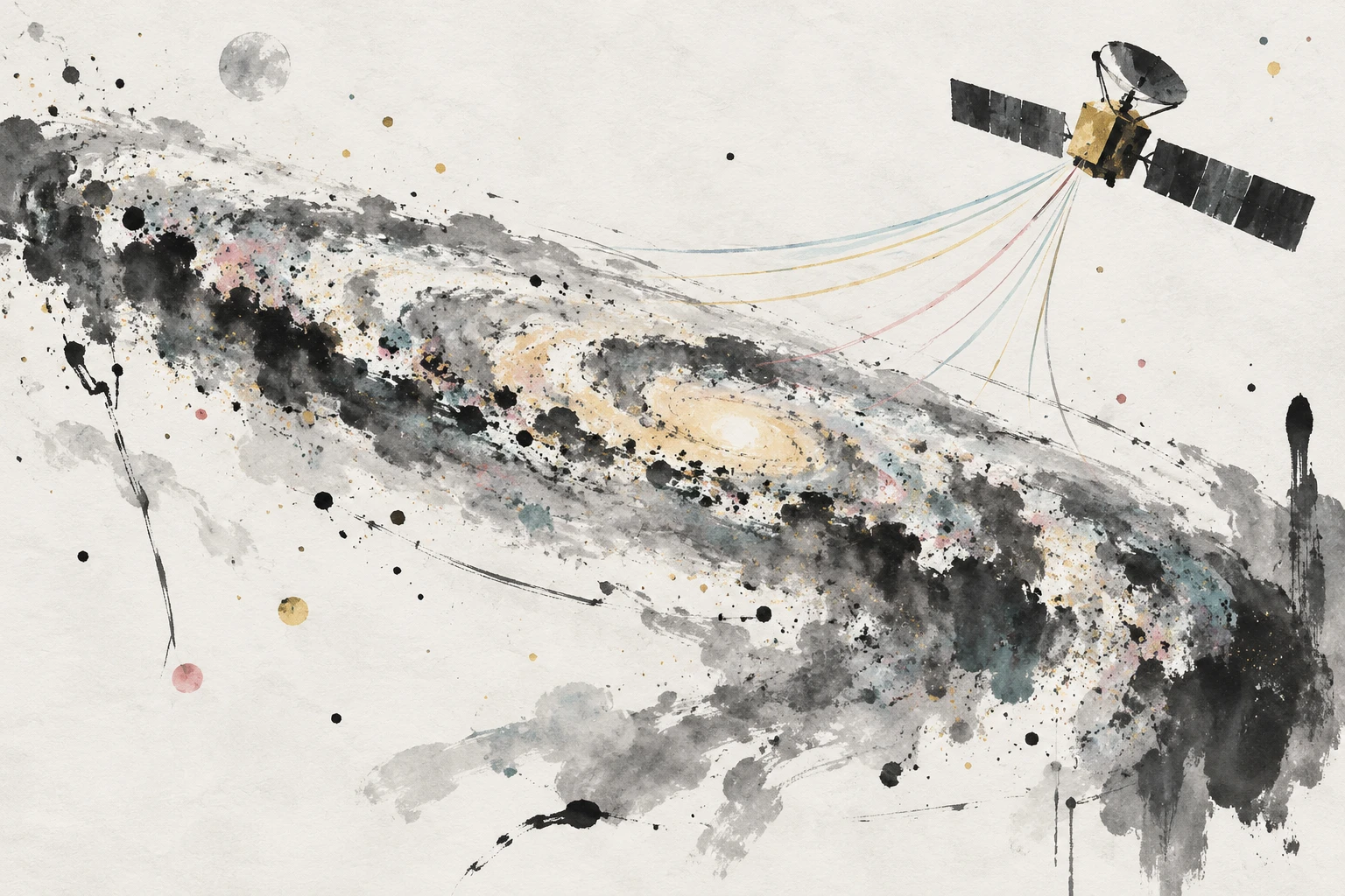 Artist's illustration of polarized dust and synchrotron emission along Milky Way magnetic fields, with a satellite above.
