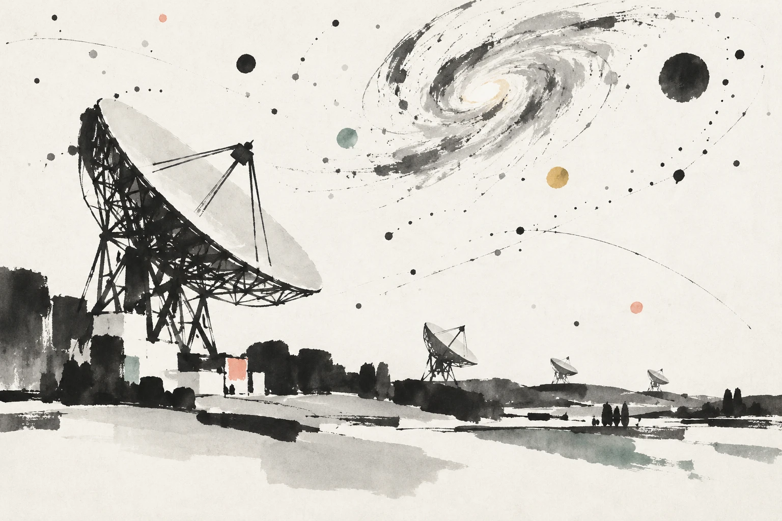 Abstract illustration of a radio telescope dish with paper-like lines and citation marks against a night sky.