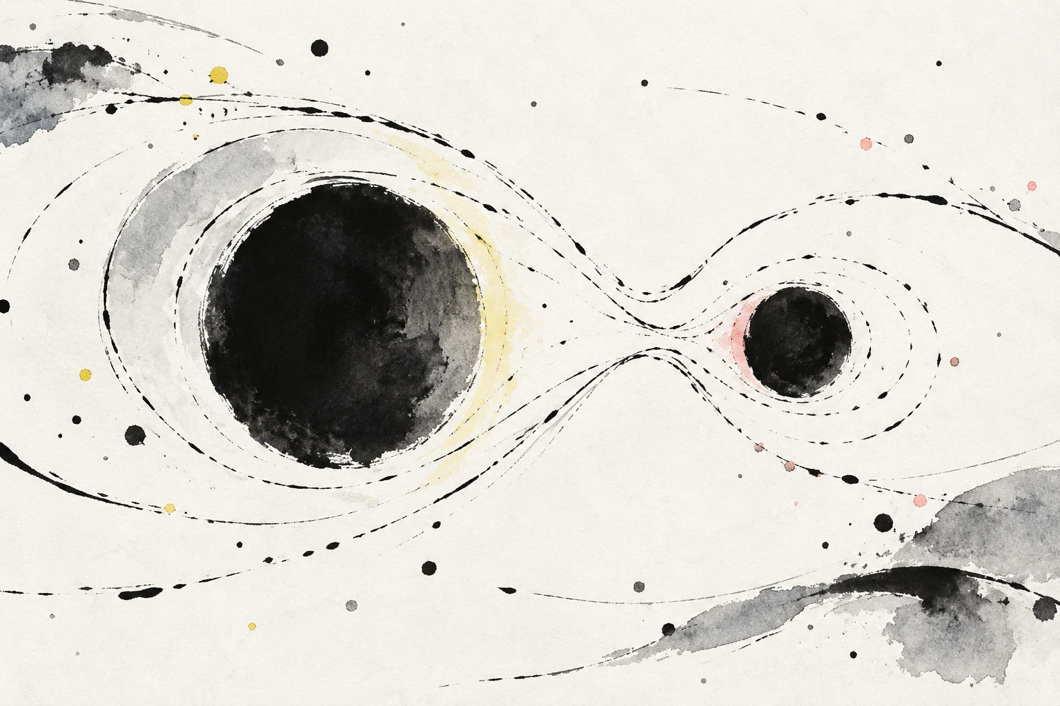 Artistic illustration of two stars in a binary system joined by glowing teardrop-shaped gravitational lobes, with a narrow bridge of gas between them.