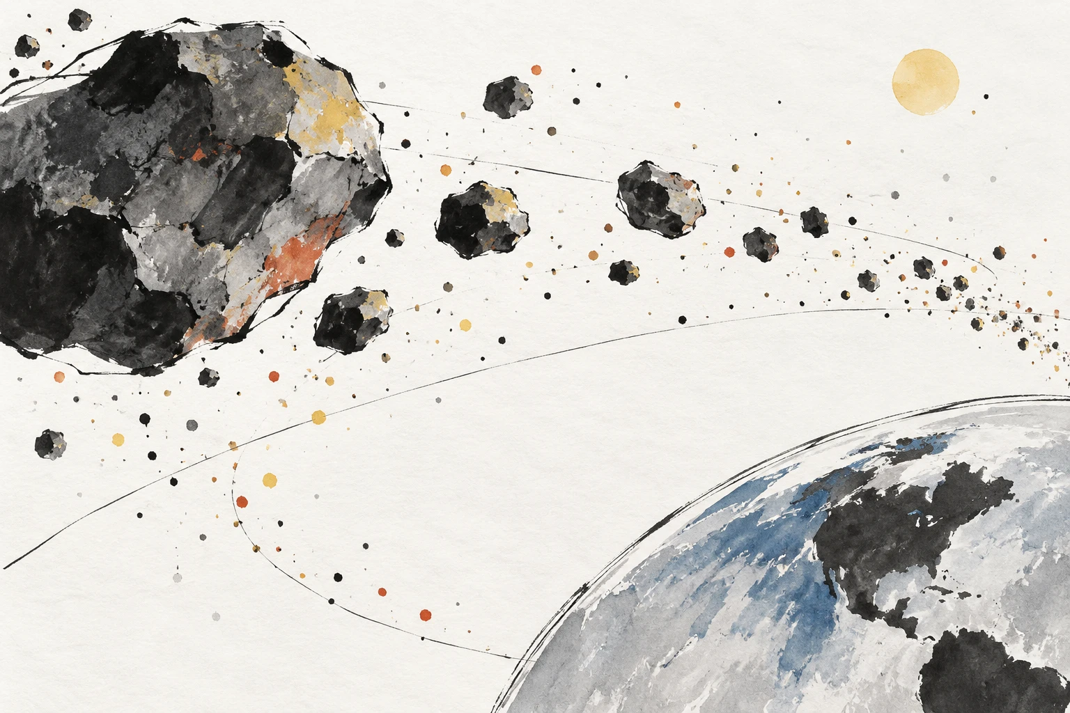 Artistic illustration of a small irregular asteroid drifting through space, with a bright meteor trail streaking across a dark sky.