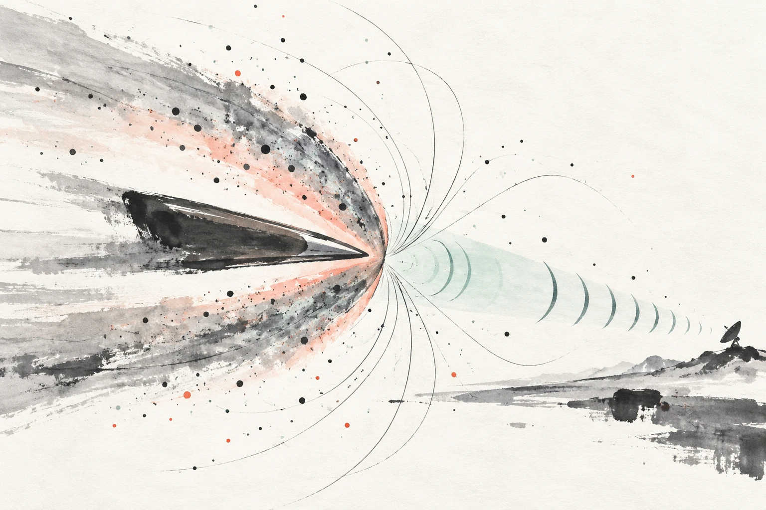Abstract illustration of a hypersonic vehicle inside a glowing plasma sheath, with dipole magnetic field lines and a cone-shaped radio window.
