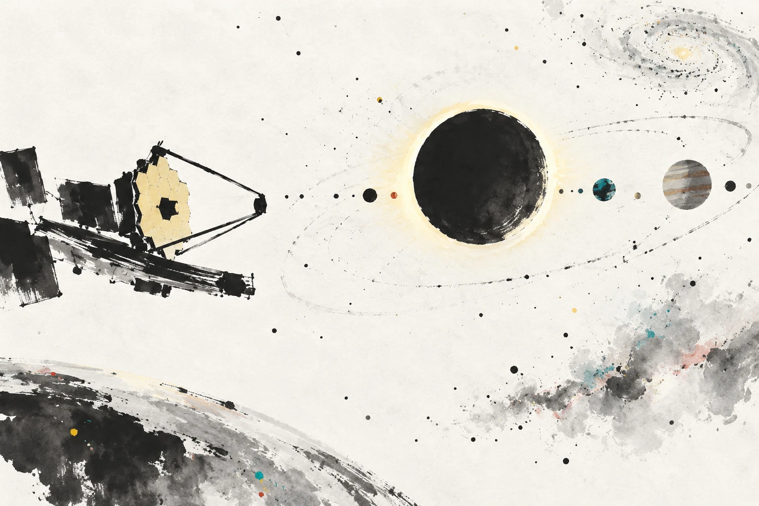 Artistic illustration of a segmented space telescope and a distant exoplanet system.