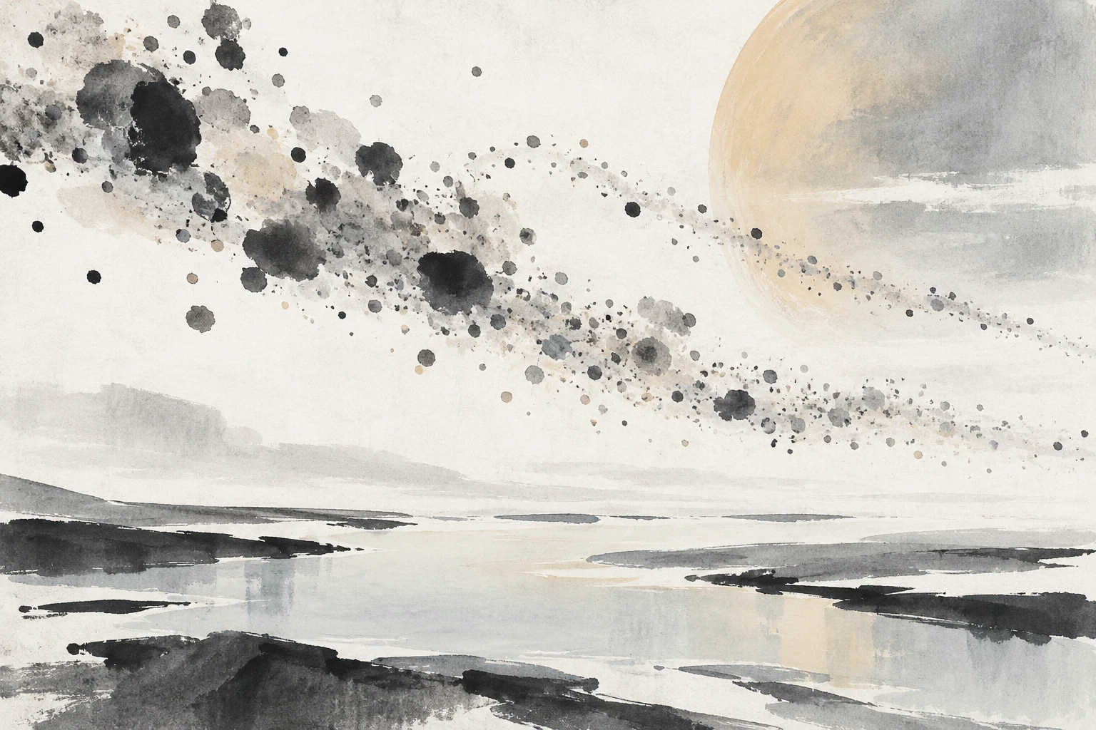 Artistic illustration of organic haze particles drifting over a hydrocarbon lake on Titan.