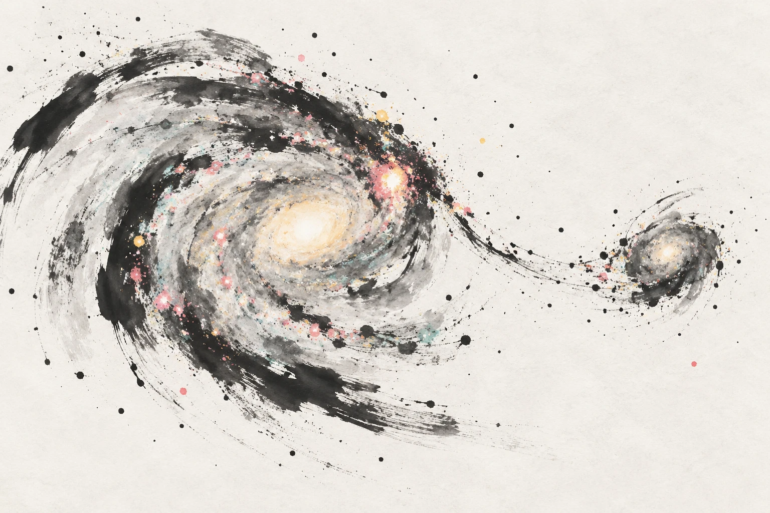 Abstract illustration of a large high-redshift galaxy with a less massive companion connected by a faint tidal feature and a bright star-forming clump.