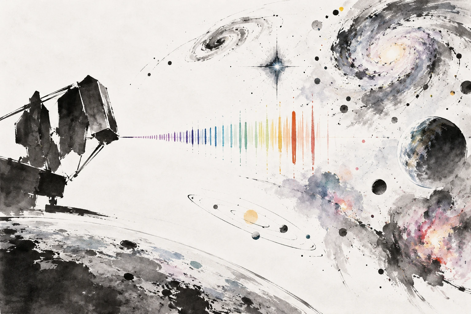 Abstract artistic illustration of a space-based ultraviolet spectrograph concept