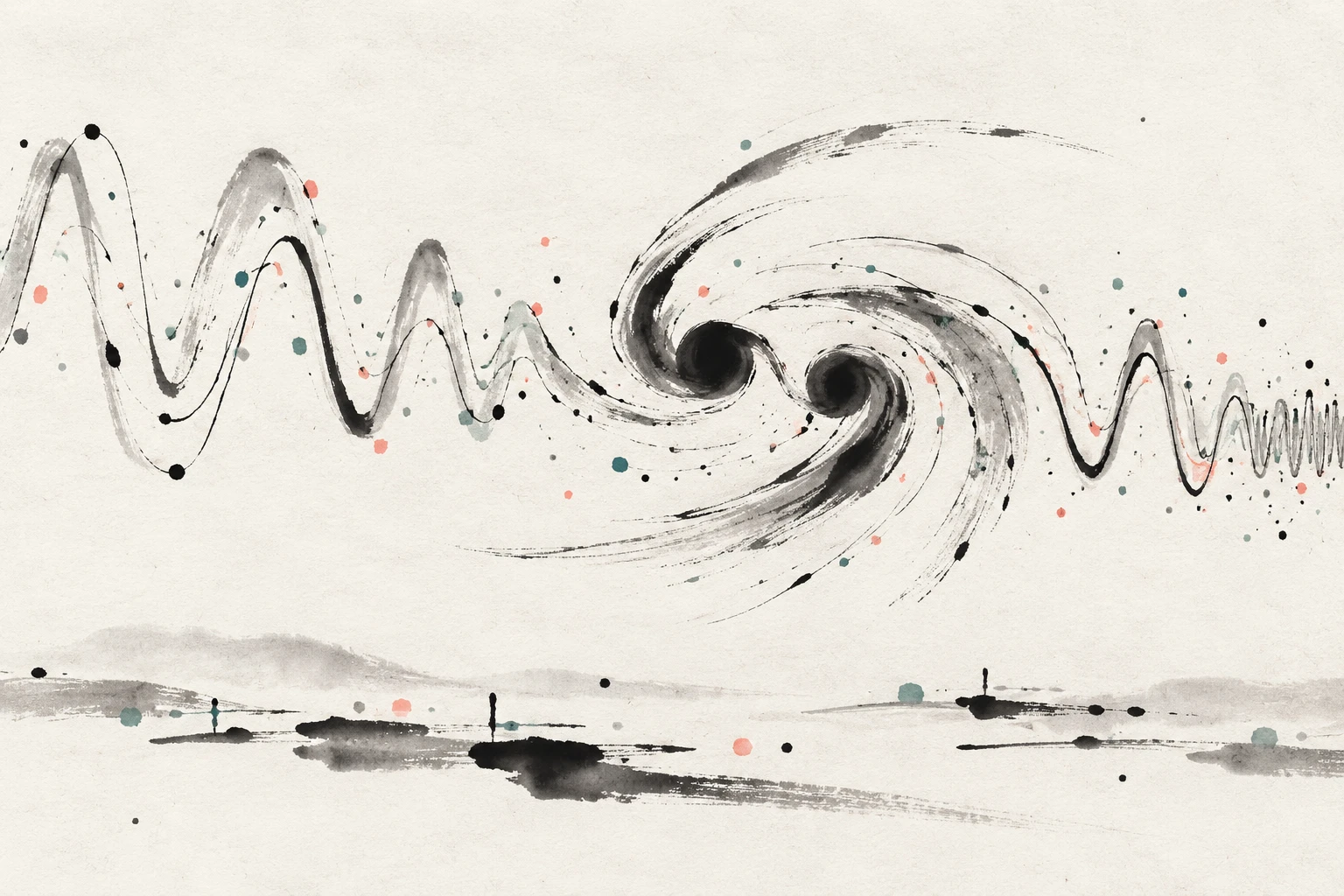 Abstract illustration of a gravitational-wave chirp passing through separate frequency channels in a neural network.