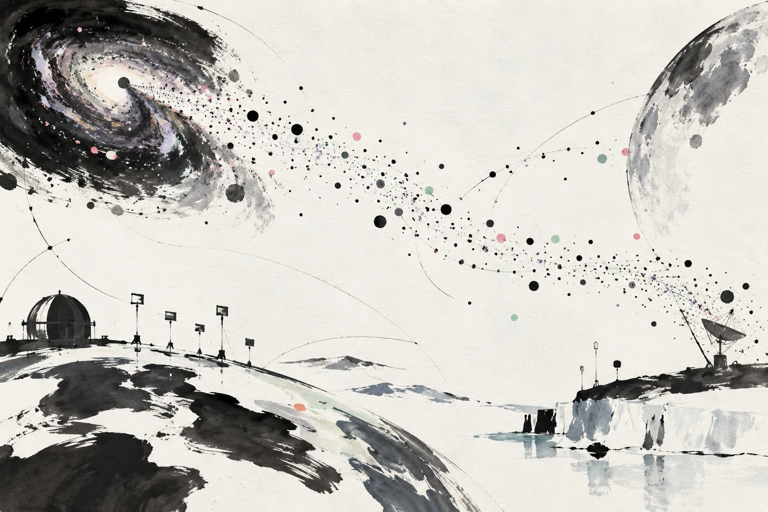 Artistic illustration of a neutrino interaction producing a radio pulse in polar ice under a starry sky.