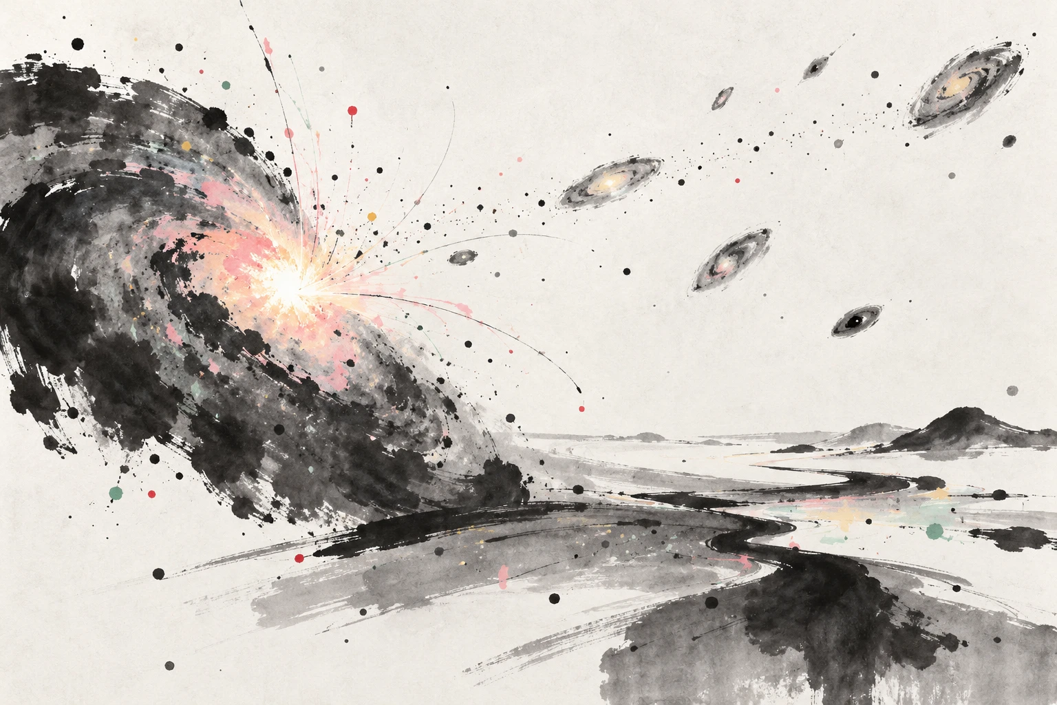 Abstract illustration of a supernova's early shock breakout and expanding debris in a galaxy.